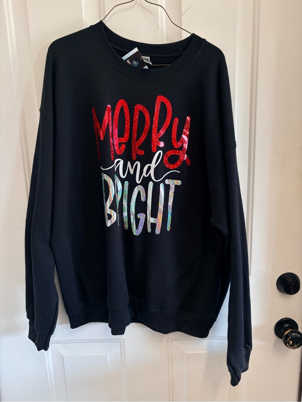 Black "Merry and Bright" Glitter Holiday Sweatshirt